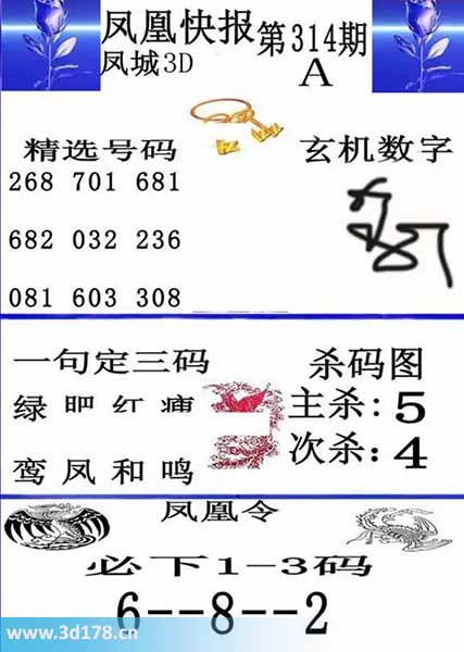 3d凤凰快报第2025314期必下1-3码:268