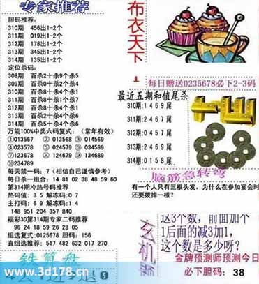 3d布衣天下第2025314期个位杀一码：6