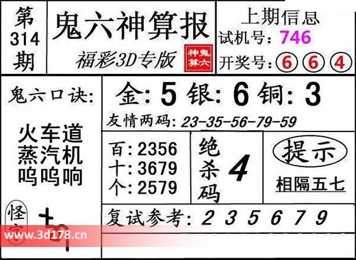 鬼六神算报3d第2025314期铜胆：3