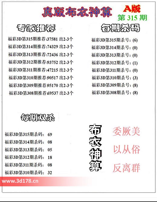 3d第2025315期布衣神算推荐:双杀69