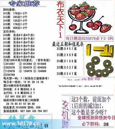 3d布衣天下第2025316期十位杀一码：4