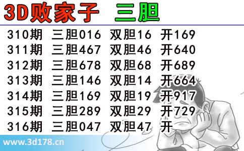 3d第2025316期败家子推荐:双胆47