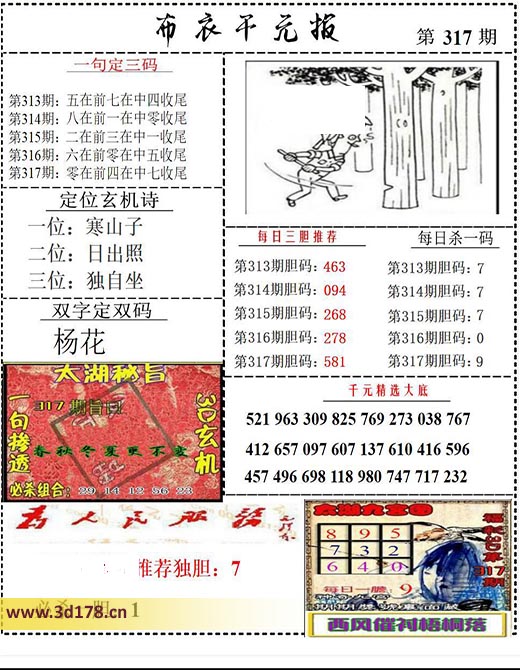 布衣千元报3d第2025317期每日杀一码：9