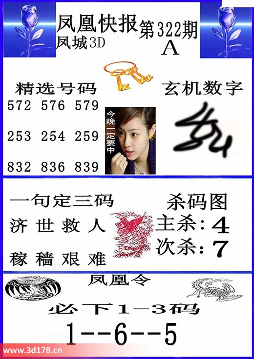 3d凤凰快报第2025322期一句定三码:济世救人