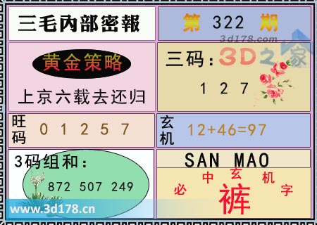 3d第2025322期三毛内部密报图旺码推荐：01257