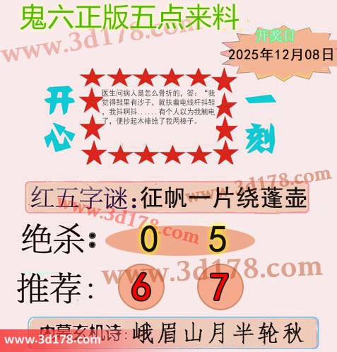 鬼六五点来料3d第2025328期两胆码推荐：6 7