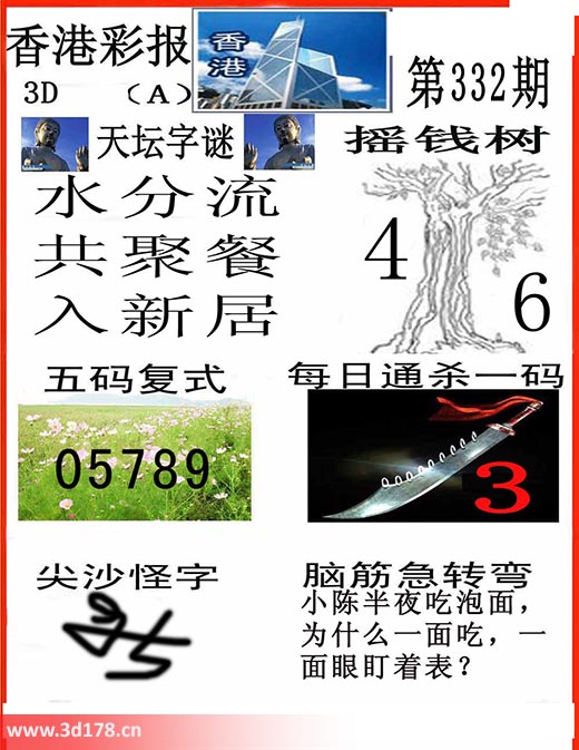 香港彩报3d第2025332期天坛字谜：水分流