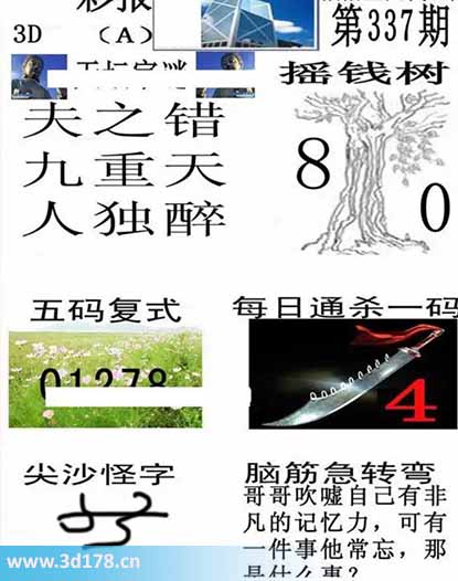 香港彩报3d第2025337期每日通杀一码:4