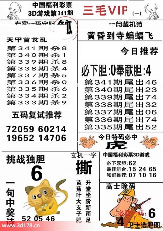 三毛图库3d第2025341期挑战独胆：6