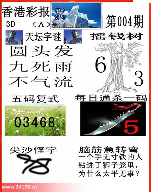 香港彩报3d第2026004期五码复式：03468