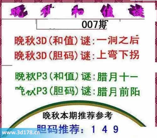 3d红五晚秋图第2026007期胆码谜：上弯下拐