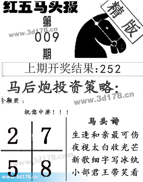 红五马头报3d第2026009期今期买：2578