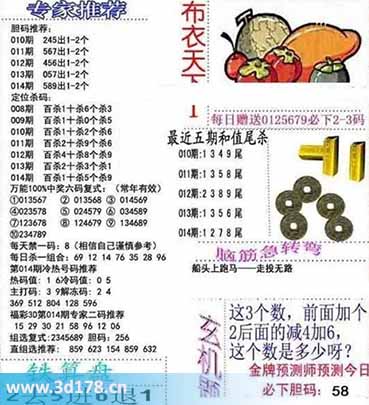 3d布衣天下第2026014期十位杀一码：5