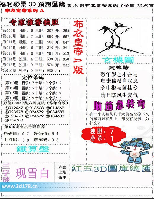 3d布衣皇帝第2026016期三字谜：现雪白