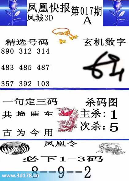 3d凤凰快报第2026017期必下1-3码：289