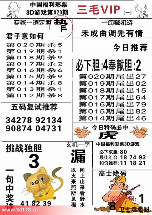 三毛图库3d第2026020期必下胆：4