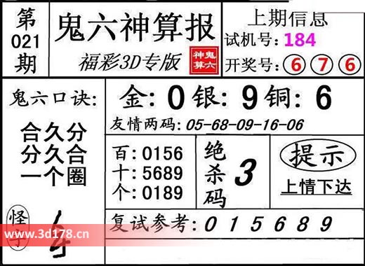 鬼六神算报3d第2026021期银胆：9