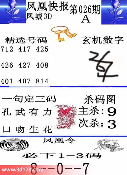 3d凤凰快报第2026026期必下1-3码:078
