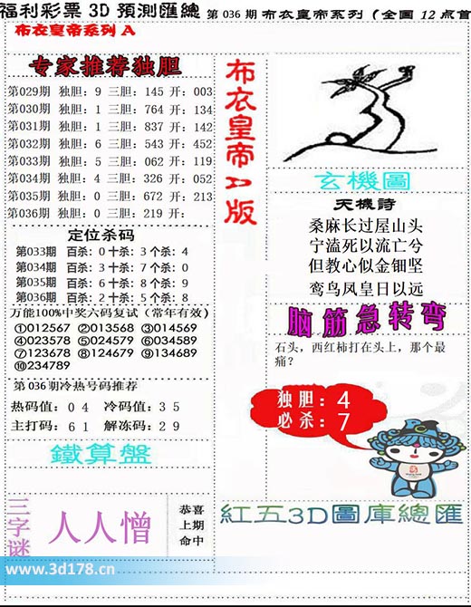 3d布衣皇帝第2026036期冷码值：3 5