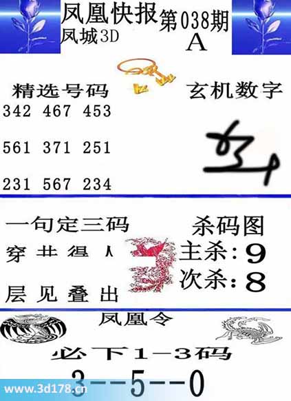 3d凤凰快报第2026038期必下1-3码：035