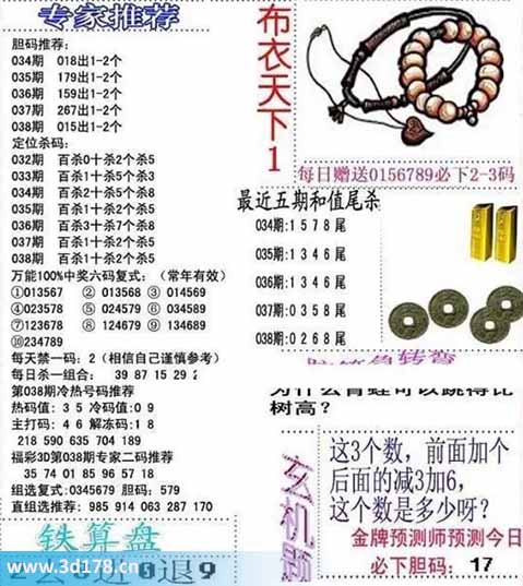 3d布衣天下第2026038期个位杀一码：5