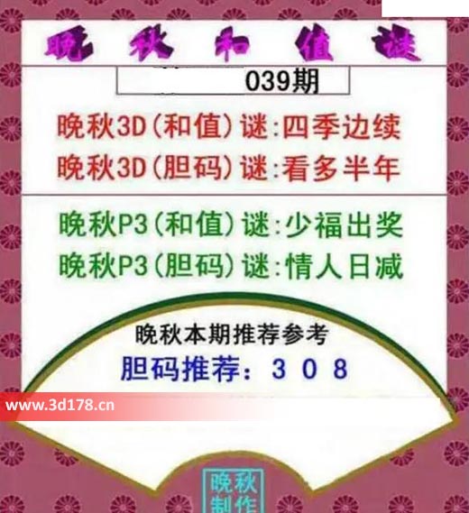 3d红五晚秋图第2026039期和值谜：四季边续