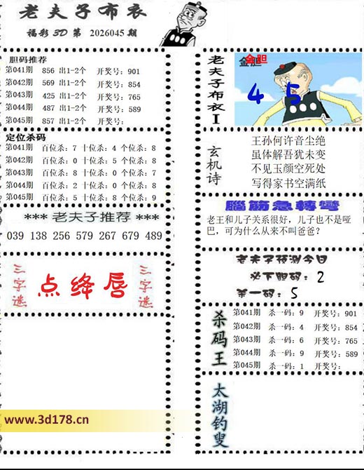 老夫子布衣图3d第2026045期预测今日：必下胆码2