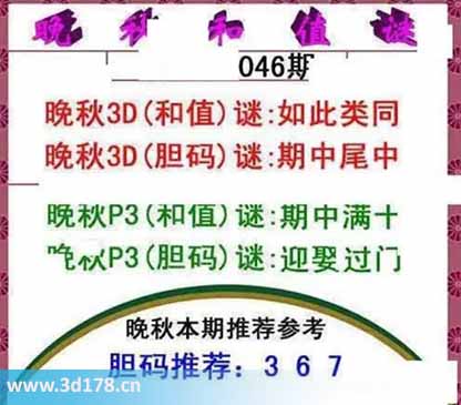 3d红五晚秋图第2026046期胆码谜：期中尾中