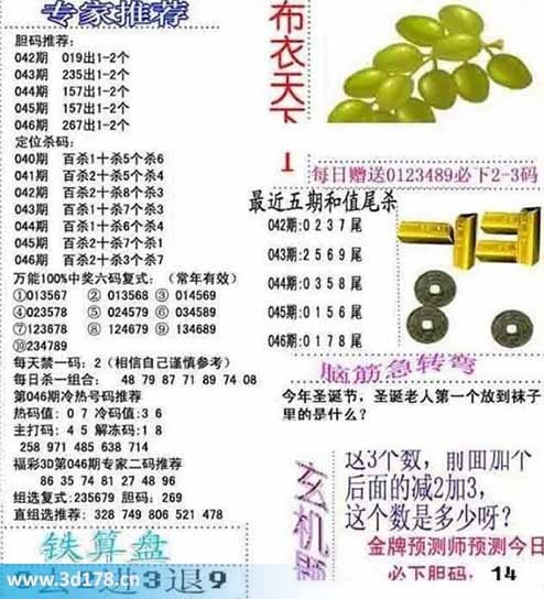 3d布衣天下第2026046期个位杀一码：7