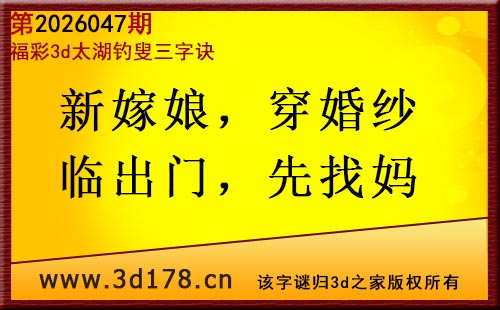 3d第2026047期太湖图库解字谜：新嫁娘，穿婚纱