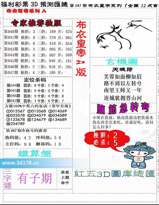 3d布衣皇帝第2026047期主打码：3 1