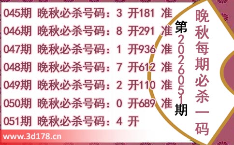 3d第2026051期晚秋杀码图推荐：必杀一码4