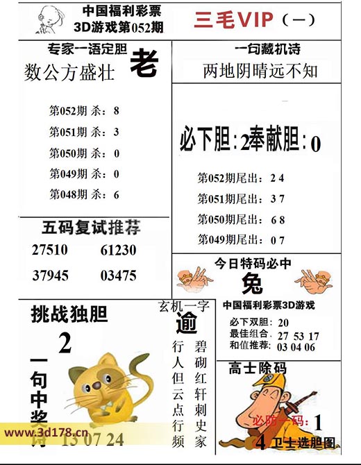 三毛图库3d第2026052期今日特码必中：兔