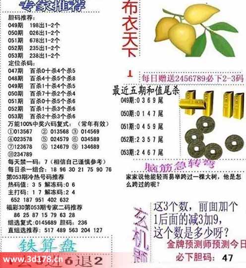 3d布衣天下第2026053期十位杀一码：3