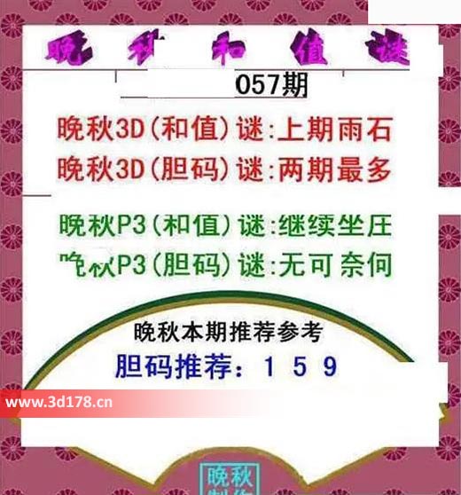 3d红五晚秋图第2026057期和值谜：上期雨石