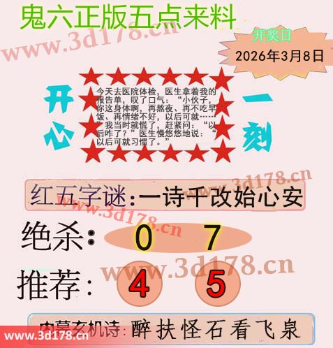 鬼六五点来料3d第2026057期红五字谜：一诗千改始心安