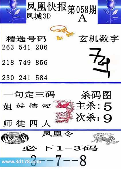 3d凤凰快报第2026058期必下1-3码：378