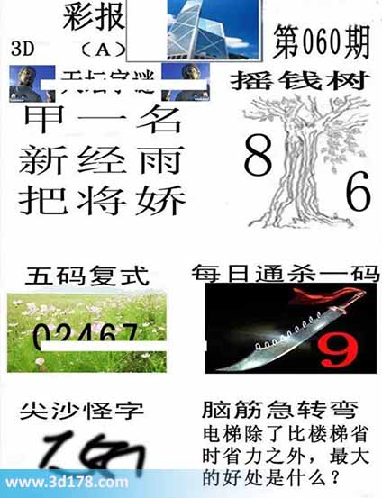 香港彩报3d第2026060期每日通杀一码：9