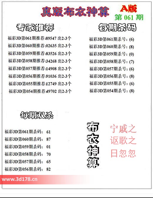 3d第2026061期布衣神算推荐：双杀61
