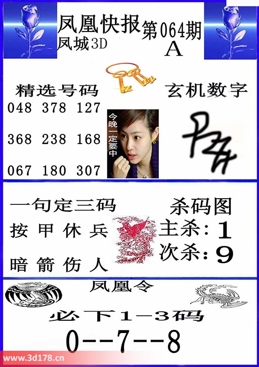 3d凤凰快报第2026064期主杀：1