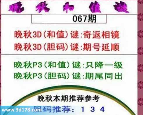 3d红五晚秋图第2026067期胆码谜：期号延顺