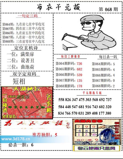 布衣千元报3d第2026068期双字定双码：短相