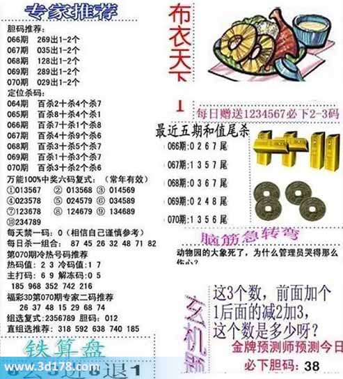 3d布衣天下第2026070期个位杀一码：6