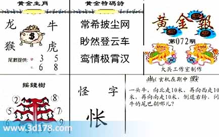 3d第2026072黄金报尾数推荐：双68