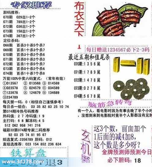 3d布衣天下第2026074期胆码推荐：367