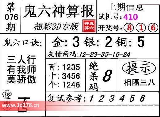 鬼六神算报3d第2026076期金胆:3