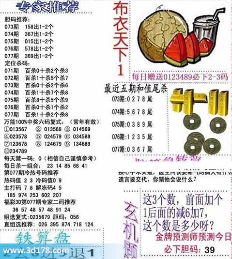 3d布衣天下第2026077期胆码推荐：369