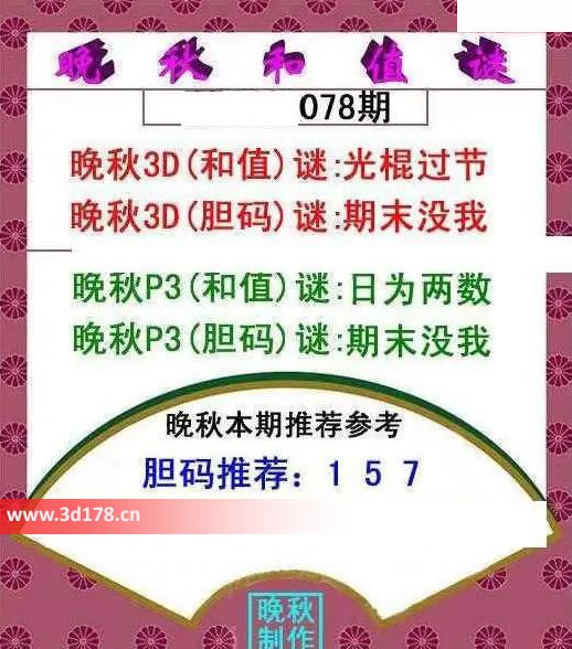 3d红五晚秋图第2026078期胆码推荐：157