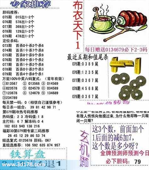 3d布衣天下第2026079期胆码推荐：478