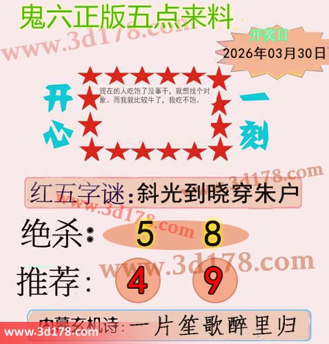 鬼六五点来料3d第2026079期两胆码推荐：4 9